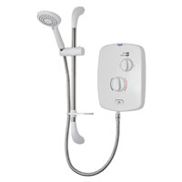 ARZAN508W An 8.5kW electric shower with separate temperature and power control dials and a start/stop push button for set and forget showering.