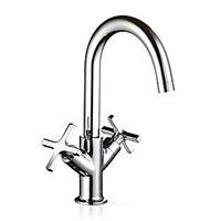 Monobloc basin mixer with integrated flow straightener, flexible inlet hoses and chrome waste