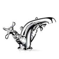 Monobloc basin mixer with integrated flow straightener, flexible inlet hoses and chrome waste