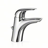 Monobloc basin mixer with integrated flow straightener, flexible installation hoses and chrome waste