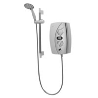 Instantaneous 8.5kW (@240v) Electric Shower in white and chrome finish. Heat setting indicator, easy glide temperature control, digital display, self-cleaning shower head with 4 patterns
