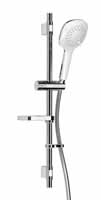 3 function square handset with rub clean nozzles on a Flexi-fit riser rail. Rail permits flexibility on installation while ECO feature offers up to 50% water saving.