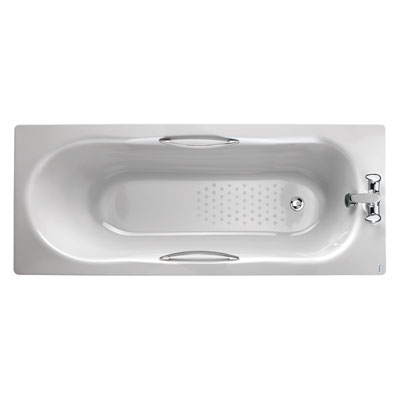 1700 x 700mm porcelain enamelled steel bath:2 tap, grips, slip resist, with legs