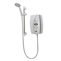 Instantaneous 8.5kW (@240v) Electric Shower in white and chrome finish. Heat setting indicator, easy glide temperature control, digital display, self-cleaning shower head with 4 patterns