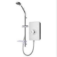 Brushed steel finish 9.5kW electric shower with soft touch control buttons and phased shutdown to reduce limescale build up. Includes extended arm to offer a raised showering position.