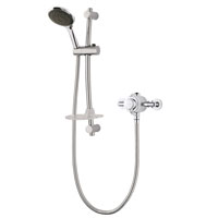A thermostatic concentric mixer shower with automatic shutdown if hot or cold supplies fail. Includes five spray pattern showerhead and has separate controls for flow and temperature control.