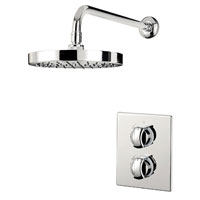 A thermostatic dual control mixer shower with separate fllow and temperature controls and automatic shutdown if hot or cold supply fails.