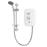 7.5kW electric shower with multiple cable and water entry points and separate flow and temperature control dials, with start/stop push button and five spray pattern shower head.