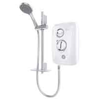 9.5kW thermostatic electric shower with chrome control dial trims, with start/stop push button. Includes multiple cable and water entry points on the left and right hand side of the unit.
