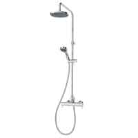Bar diverter which diverts flow between a fixed shower head and handheld shower head. Suitable for use with all water systems. Includes easy to operate lever handles for flow and temperature control.