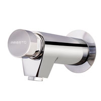 Ecological single-water timed faucet for wall installation with chrome-plated brass body. – Grifo temporizado ecológico de un agua para instalación mural con cuerpo de latón cromado.