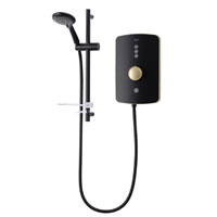 A clean, modern styled 8.5kW electric shower with black and metallic brushed brass finish, illuminated soft touch buttons and a separate start/stop button.