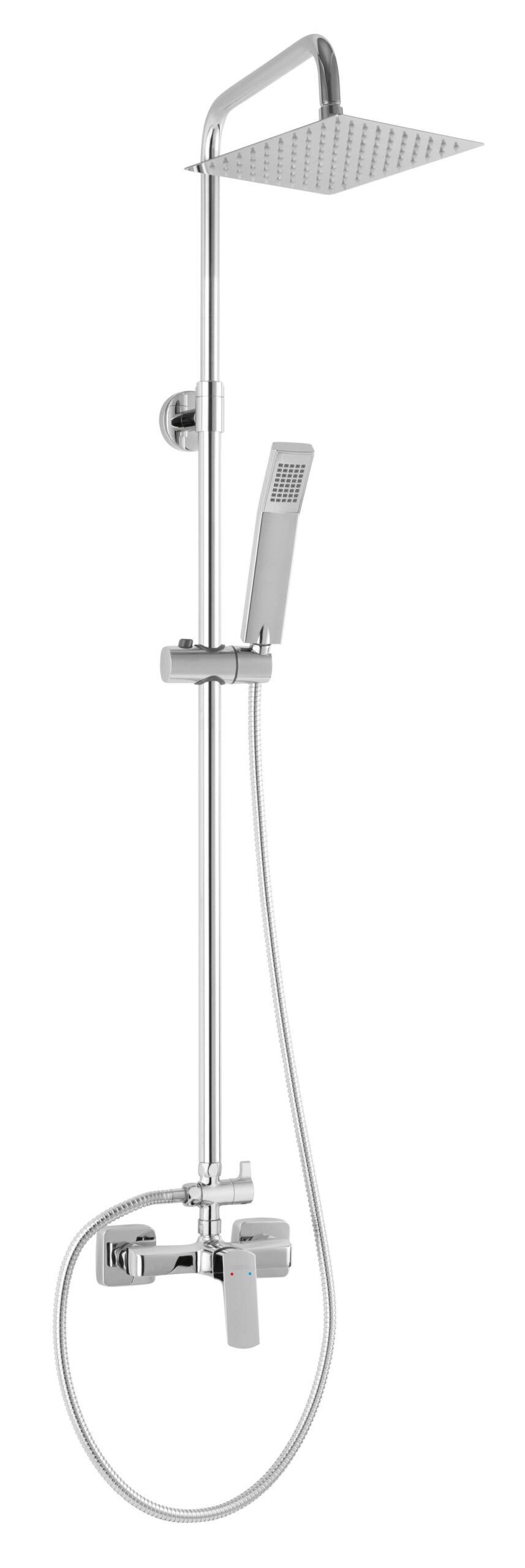 Shower set with mixer, rainfall head, and hand shower. The product is available in black matt color.