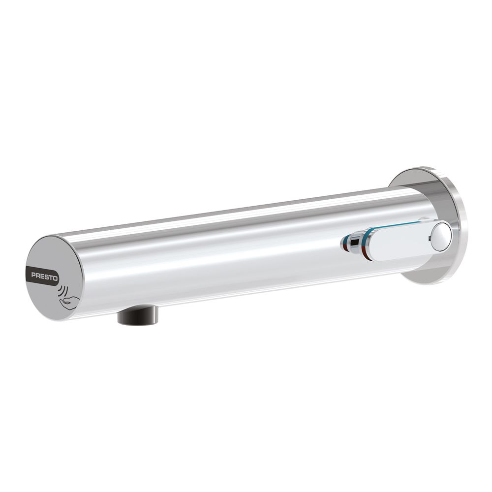 Wall-mounted sensor mixer, cross-partition, Battery, 1,9l/min without stop valve / Grifo electronico ecologico Sensia con celula de deteccion por sensor para lavabo mezclador, fijacion mural a traves de tabique.