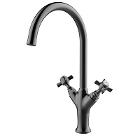 Two-handled sink mixer with aerator, swivel tube spout and flexible hoses 3/8″ >350mm.
