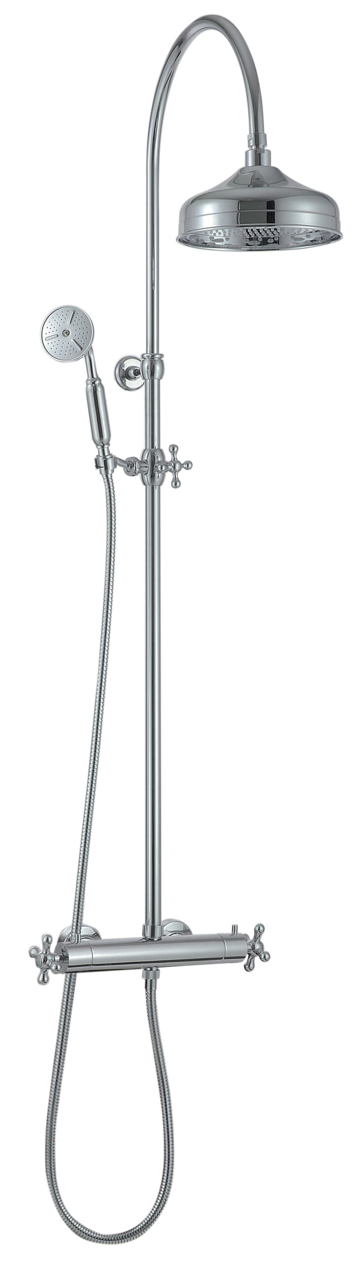 Wall-mtd. thermostatic shower set with anti-limescale hand-shower and shower head