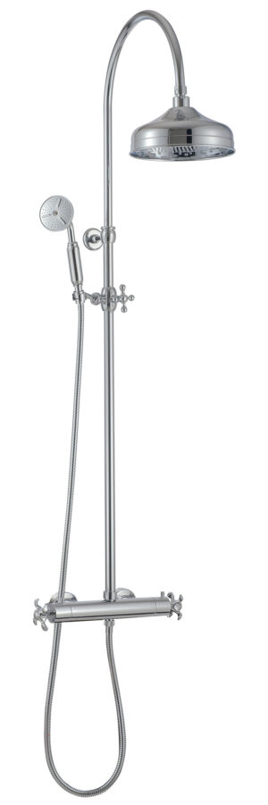 Wall-mtd. thermostatic shower set with anti-limescale hand-shower and shower head