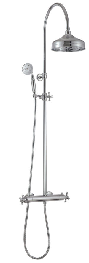 Wall-mtd. thermostatic shower set with anti-limescale hand-shower and shower head