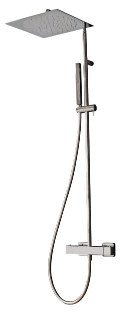 Wall-mtd. thermostatic shower set with anti-limescale hand-shower and shower head