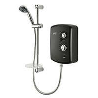 9.5 kW, stabilised electric shower with black finish and separate power and temperature controls.