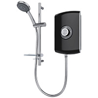 8.5kW electric shower with gloss black finish, digital touch controls and white illuminated digital display with temperature read out.