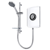 8.5kW electric shower with gloss white finish, digital touch controls and white illuminated digital display with temperature read out.