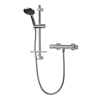 A rear fed thermostatic temperature controlled bar mixer shower with separate flow and temperature controls and suitable for use with all water pressure systems.