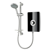 8.5kW gloss black coloured electric shower with phased shutdown, illuminated soft press power buttons and start/stop push buttons.
