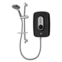 ARDANZ08BLK An 8.5kW electric shower with black finish and separate temperature dial and power selection buttons, including a separate start/stop push button for set and forget showering.