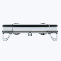 Thermostatic, TMV3 approved bar mixer shower with low resistance, easy to grip and control lever controls and clear flow and temperature markings. Suitable for use with all systems.
