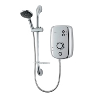 10.5kW chrome electric shower with start/stop push button with separate temperature control and power selection buttons.