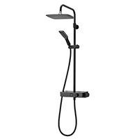 A thermostatic temperature controlled bar diverter mixer shower in black finish with push button controls and both an overhead rainfall shower head and hand held shower head.