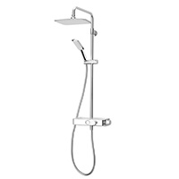 A chrome finished thermostatic mixer shower with push button controls and diverter for either an overhead rainfall shower or handheld shower head.