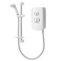 8.5kW electric shower with clean white finish and separate temperature and power control dials with chrome trims.