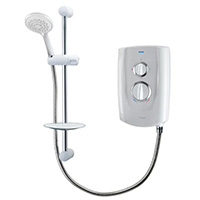 8.5kW electric shower with separate flow and temperature control dials with chrome trims.