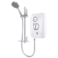 10.5kW thermostatic electric shower with chrome control dial trims, with start/stop push button. Includes multiple cable and water entry points on the left and right hand side of the unit.