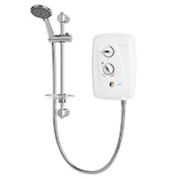 9.5kW electric shower with multiple cable and water entry points and separate flow and temperature controls with start/stop push button. Includes five spray pattern shower head.