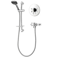 A thermostatic mini concentric mixer shower, designed for a minimalist look and smaller bathrooms. Includes one box solution for built-in or exposed fitting and contemporary cross head handles