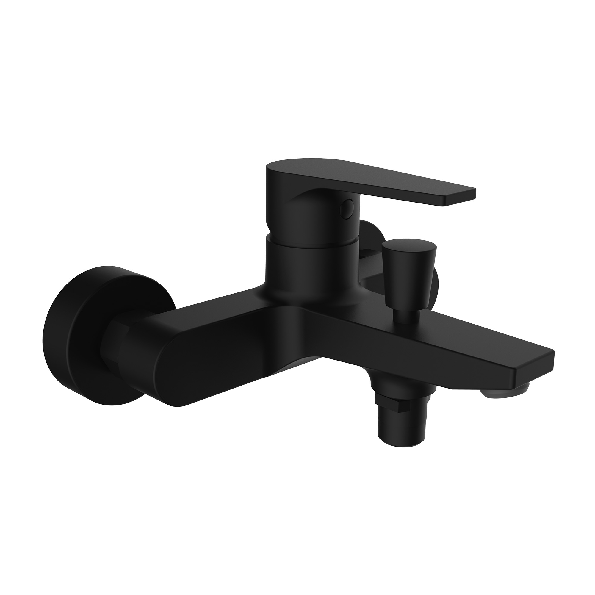 Single-lever bath-shower mixer with aerator and automatic diverter.