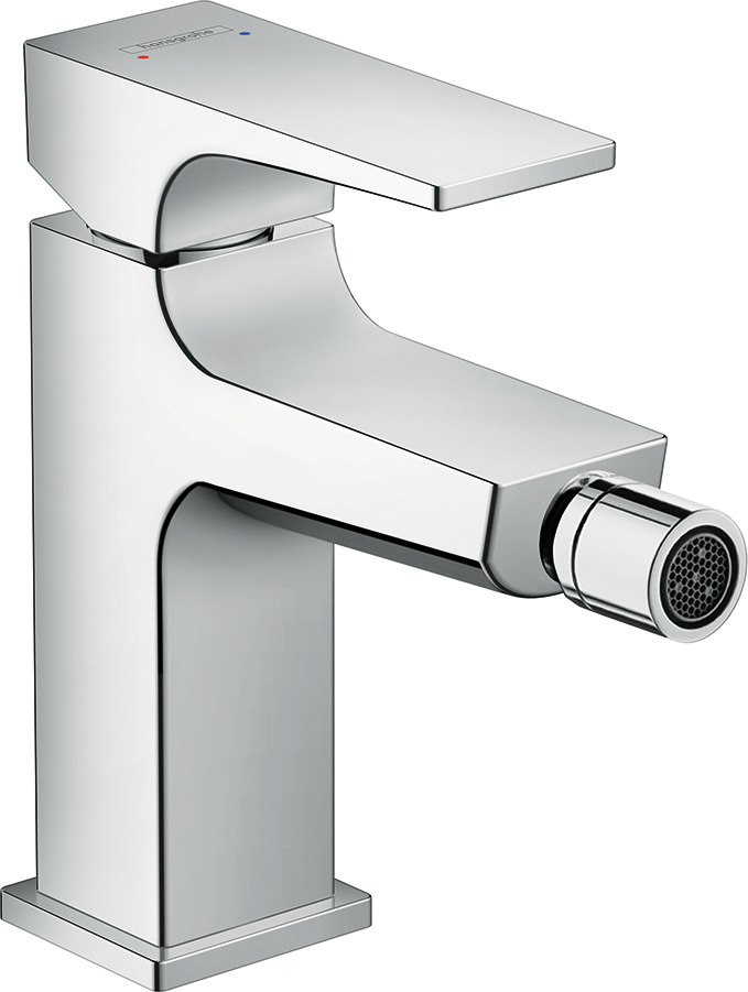 Single lever bidet mixer with lever handle and push-open waste set
