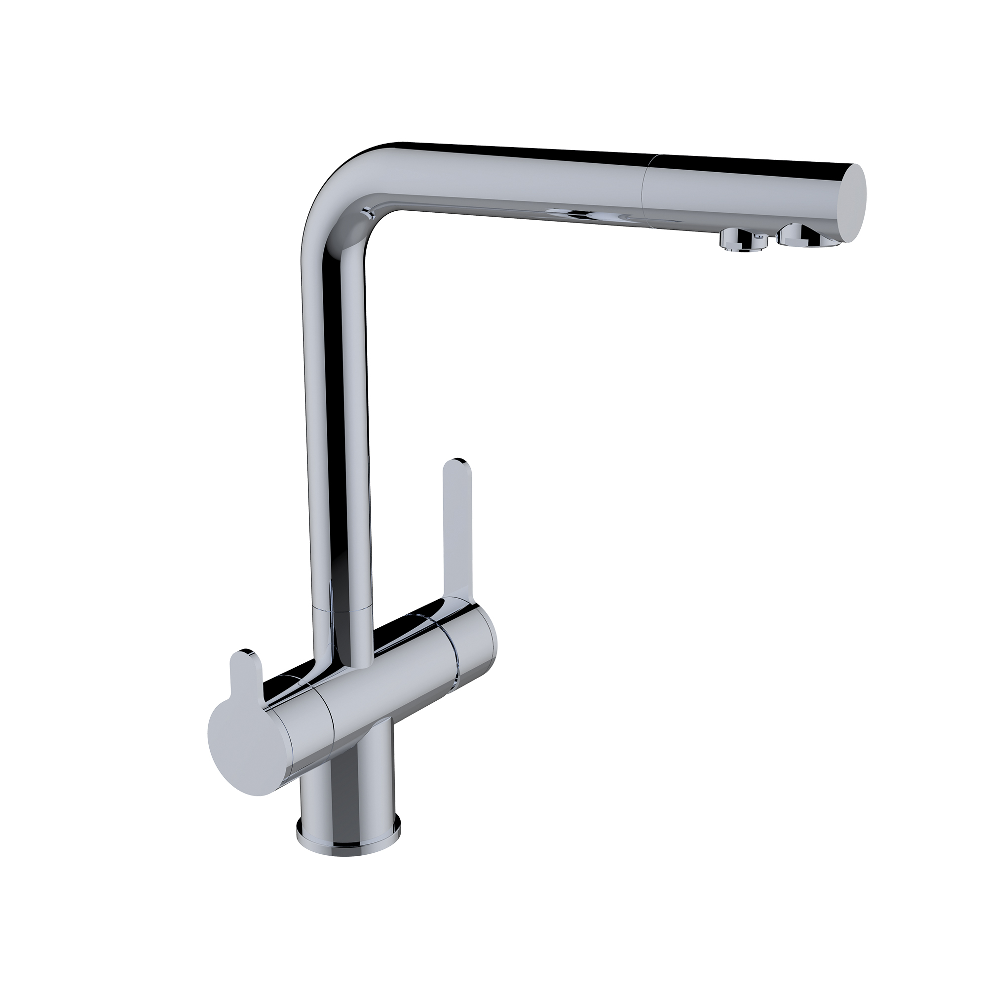 3-way sink for water treatment equipment with 2 water outlets, pull-out, swivel spout and flexible hoses 3/8″ >350mm.