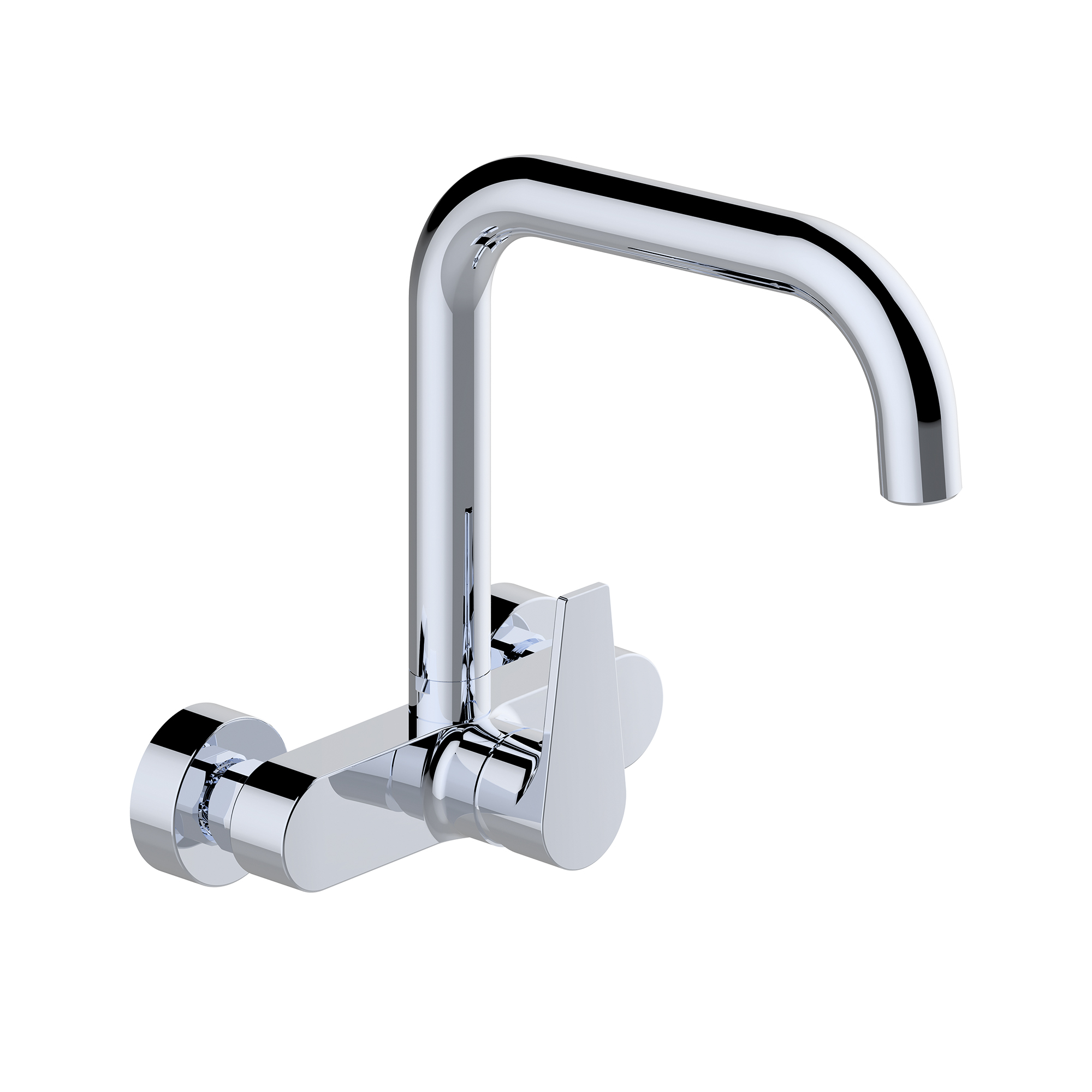 Wall-mounted single-lever sink mixer with aerator and swivel spout.