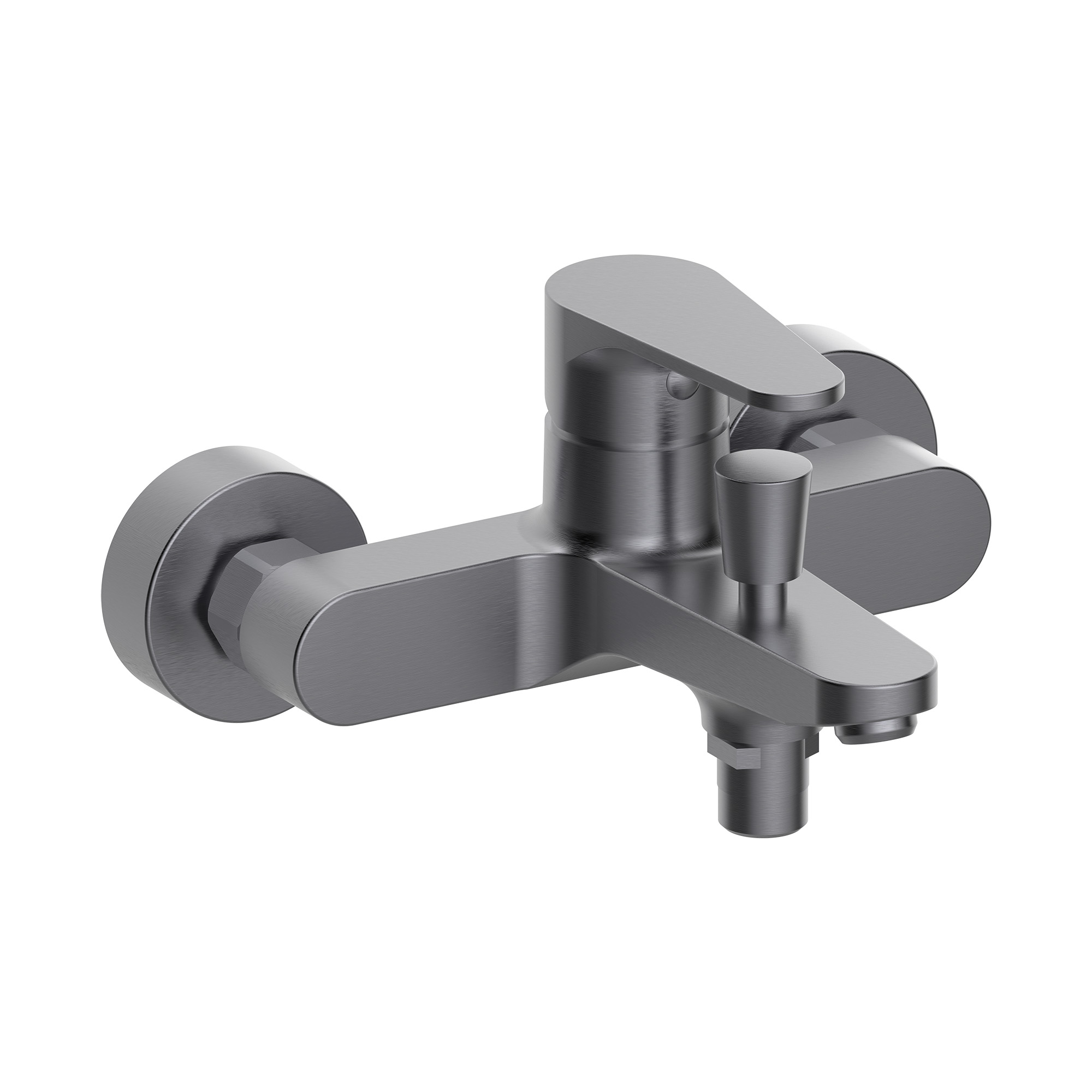 Single-lever bath-shower mixer with aerator and automatic diverter.