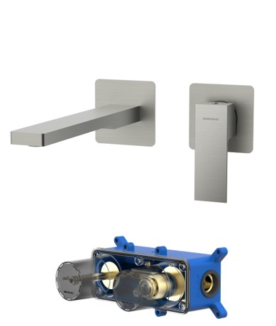 Waschtisch-Einhebelmischer Unterputz inkl. Grundkörper, Ausladung 15 cm, wassersparend
Single Lever Basin mixer wall mounted, complete, spout lenght 15 cm, water-saving