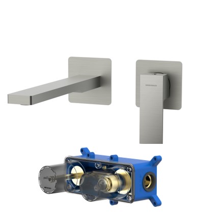 Waschtisch-Einhebelmischer Unterputz inkl. Grundkörper, Ausladung 20 cm, wassersparend
Single Lever Basin mixer wall mounted, complete, spout lenght 20 cm, water-saving