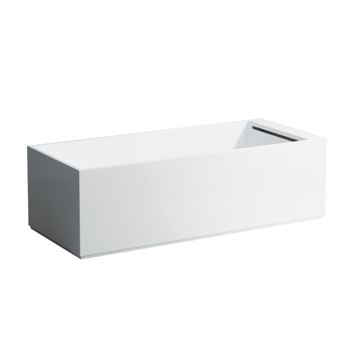 Freestanding bathtub, made of Sentec solid surface, with slot overflow and tap bank at foot end, with lifting system