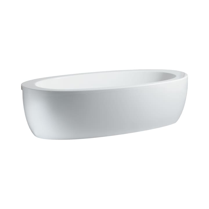 Bathtub, oval, semi-recessed, with half panel, with centre outlet, sanitary acrylic