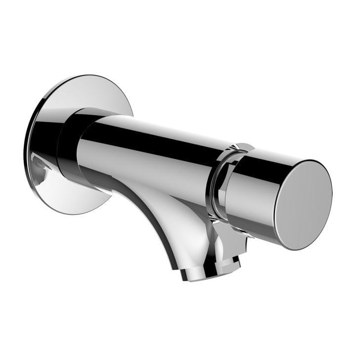 Wall-mounted tap for cold or mixed water, projection 77 mm, fixed spout, self closing, Chrome