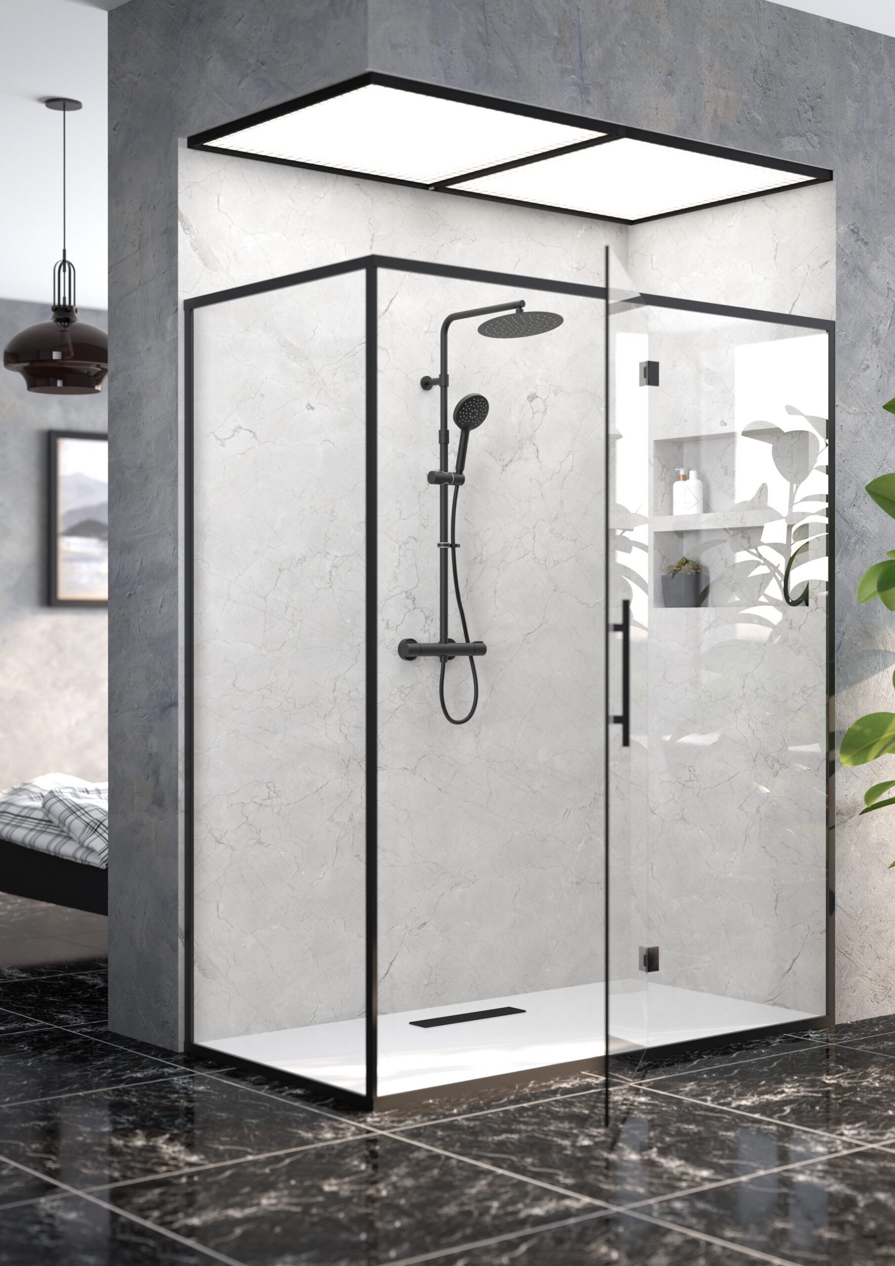 ENZO BLACK SAFE TOUCH DUAL OUTLET THERMOSTATIC SHOWER WITH TELESCOPIC RISER KITOVERHEAD SOAKER & MULTI FUNCTION HANDSET