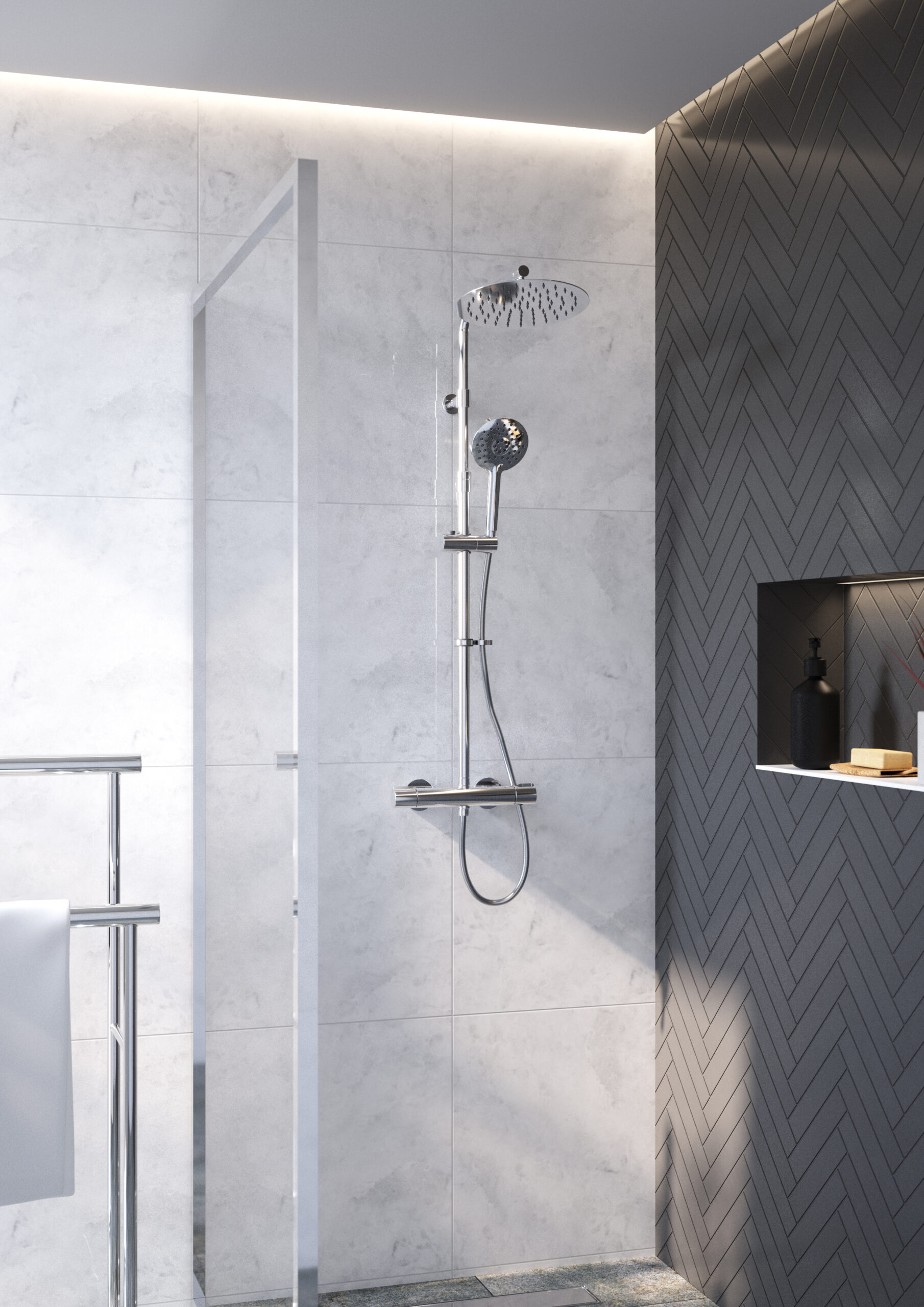 ENZO DELUXE SAFE TOUCH
DUAL OUTLET
THERMOSTATIC SHOWER
WITH TELESCOPIC RISER
KIT, OVERHEAD SOAKER
& HANDSET